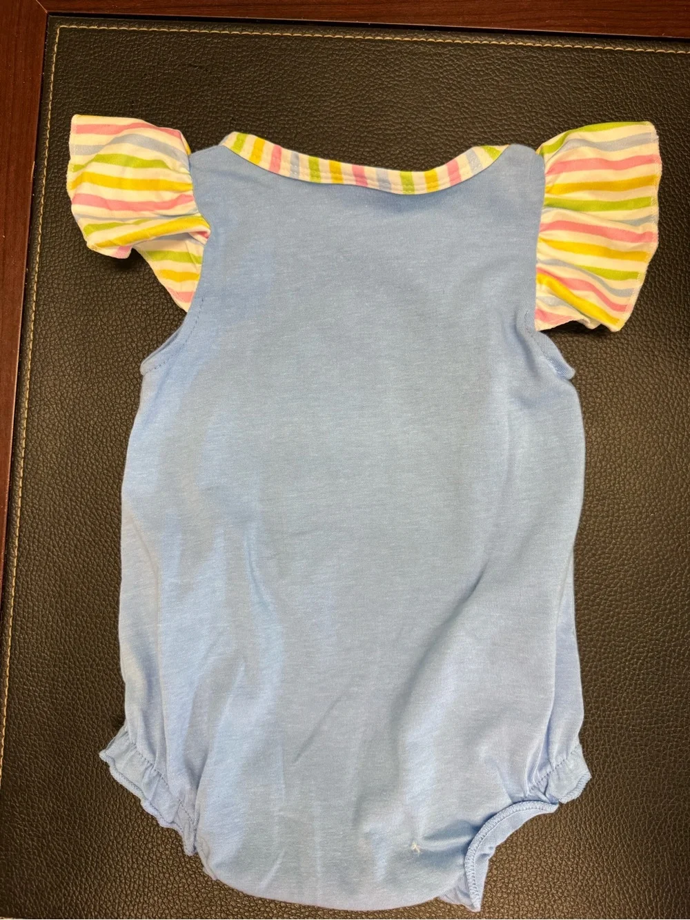 Blue Baby Romper with Cow Applique and Striped Ruffle Sleeves